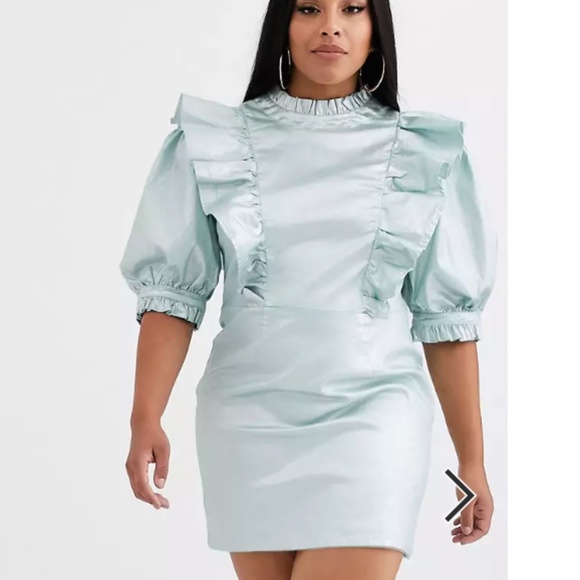 ASOS DESIGN Curve denim metallic dress with high neck and frill detail - Picture 4 of 12
